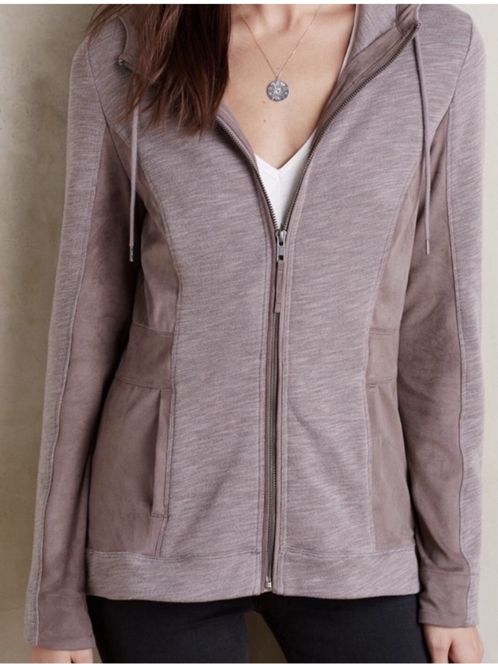 Anthropologie Akemi + Kin Abbe Hooded Jacket Faux Suede Trim Zip Hoodie XS (S-M)